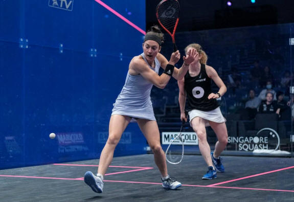 Sabrina Sobhy (fore) in action against Georgina Kennedy in the second round of the MARIGOLD Singapore Squash Open