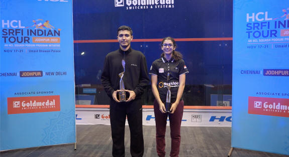 Abhay Singh and Amina Orfi with the trophies in Jodhpur