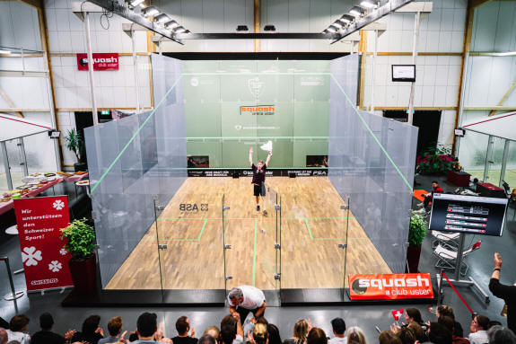 Dimitri Steinmann celebrates his first round victory at the Grasshopper Cup